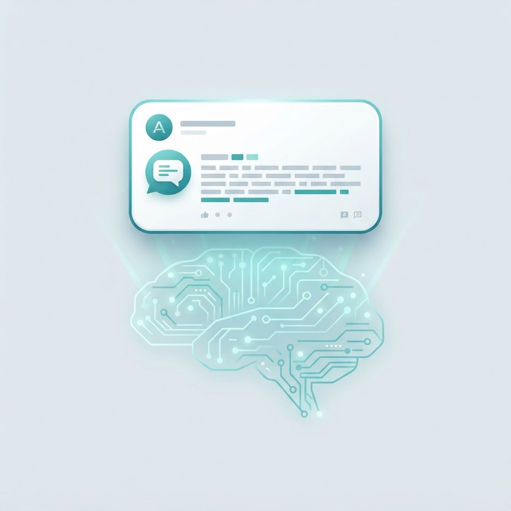 Illustration of an AI assistant answer card above a circuit-brain outline, representing answer engine optimisation