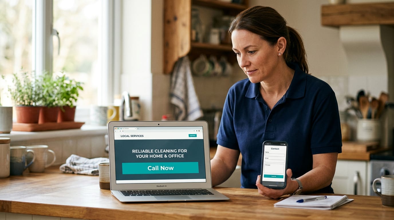 Small business owner at a kitchen counter reviewing a simple company website with a prominent call button on a laptop and phone