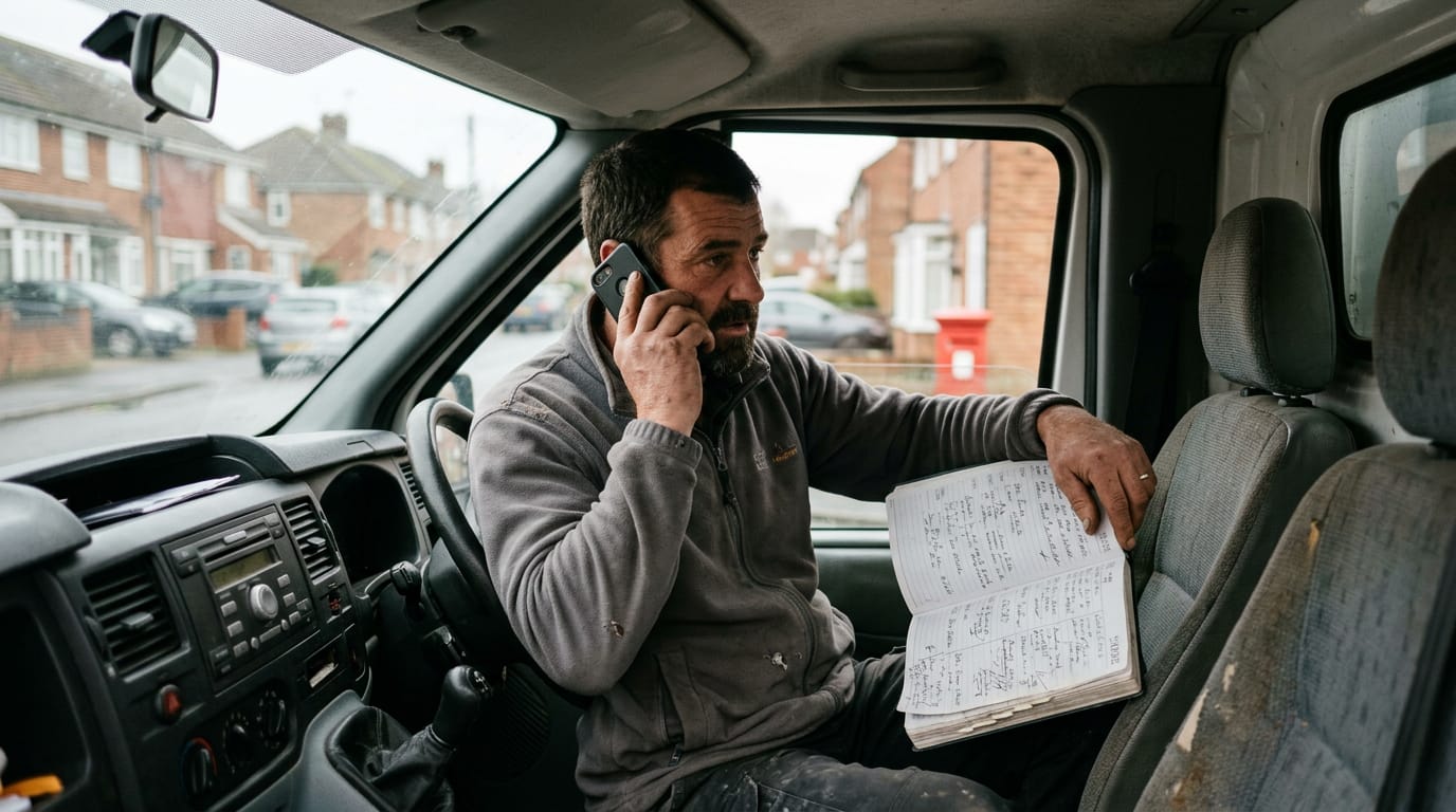 Tradesman in his van cab taking a customer call while checking a paper diary filled with booked jobs