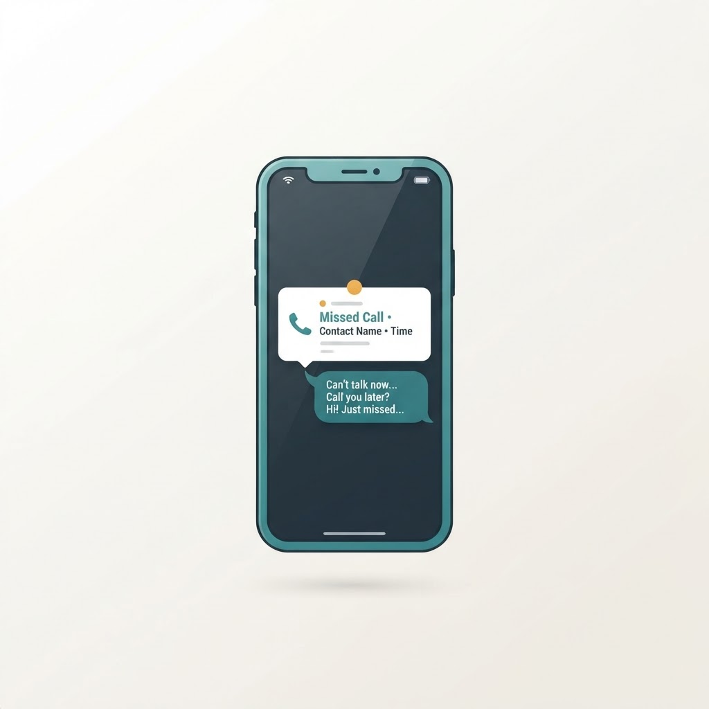 Smartphone showing a missed call notification with an automatic text message reply appearing underneath
