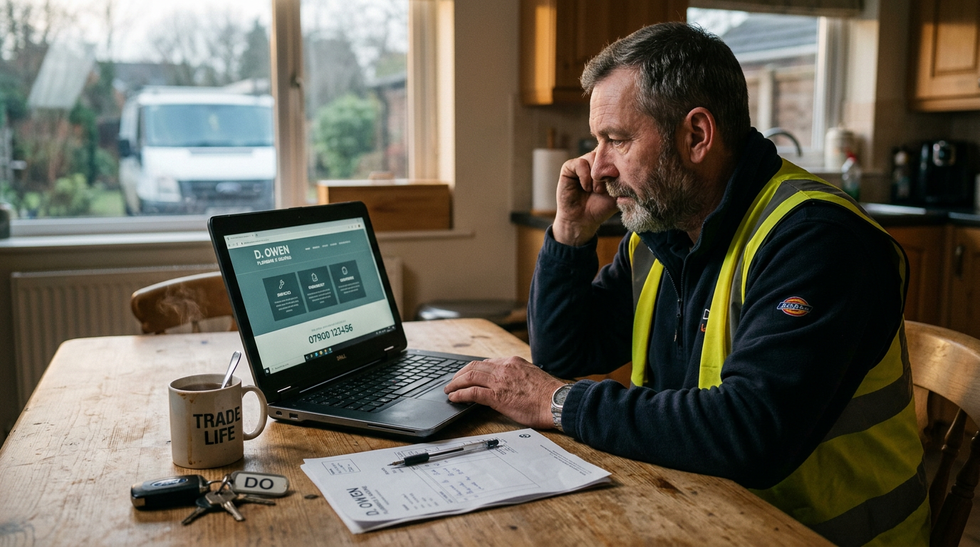 Tradesman in a work fleece reviewing his plumbing business website on a laptop at a kitchen table