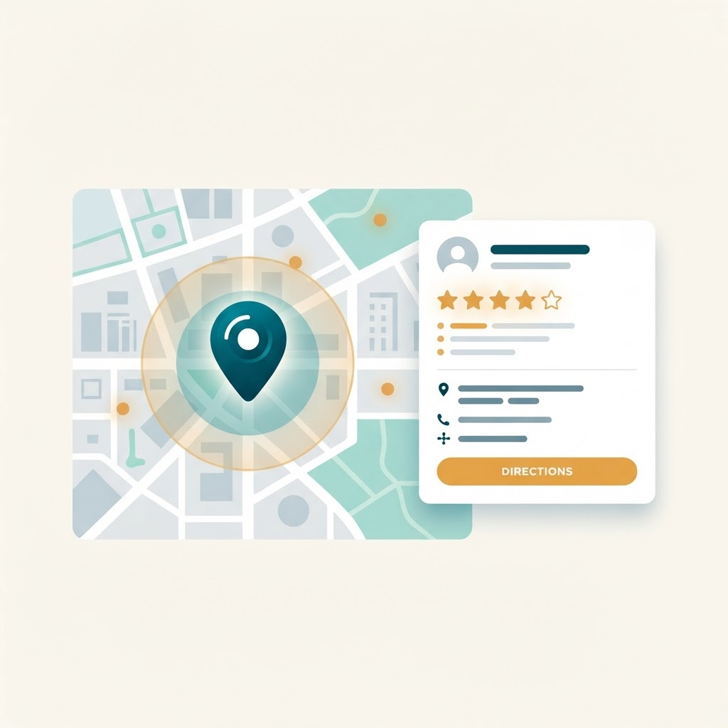 Map with a location pin and service radius alongside a local search result card with star ratings