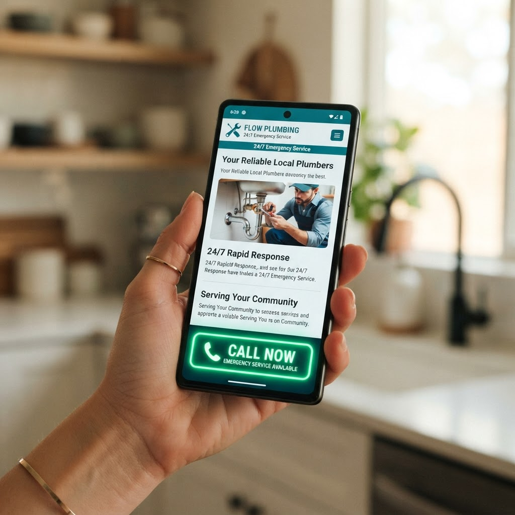 Smartphone showing a plumber's mobile website with a large Call Now emergency button