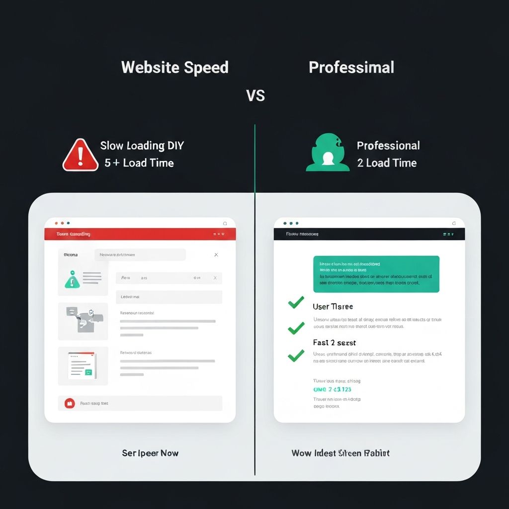 Website speed comparison showing DIY sites loading in 5+ seconds versus professional sites under 2 seconds